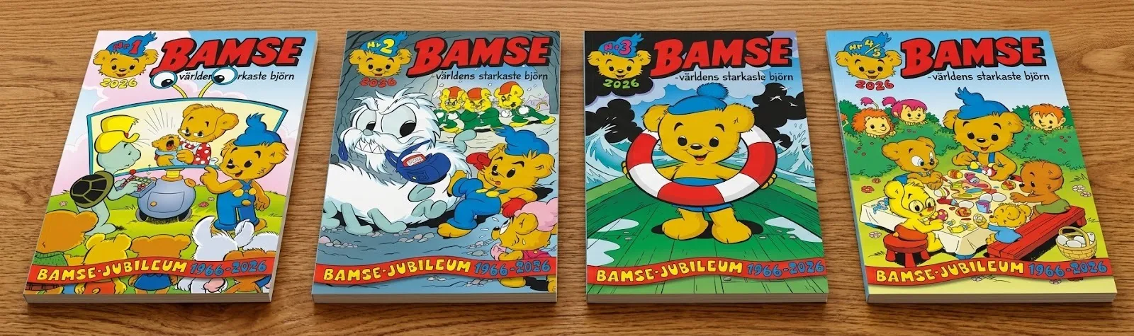 Four classic Bamse comic books laid out on a wooden table