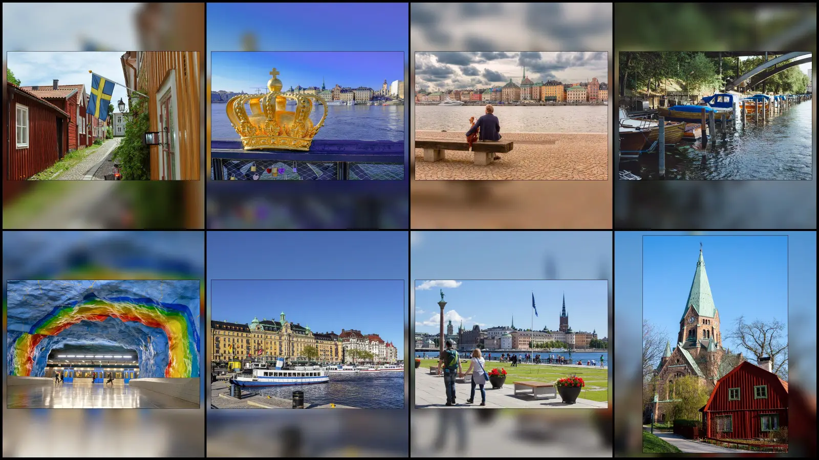 Person sitting with a dog by the waterfront facing Stockholm's colorful skyline