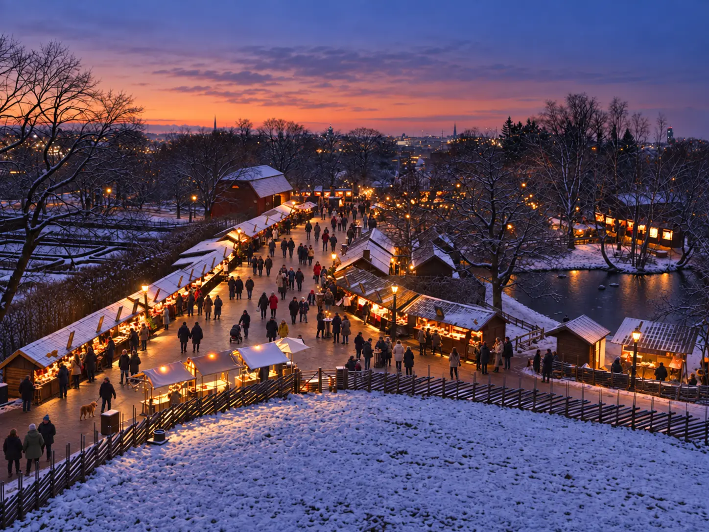 Snow-covered Christmas market at Skansen at sunset