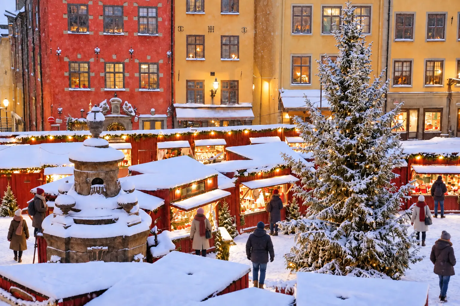 Snow-covered Christmas market and illuminated tree in Gamla Stan, Stockholm