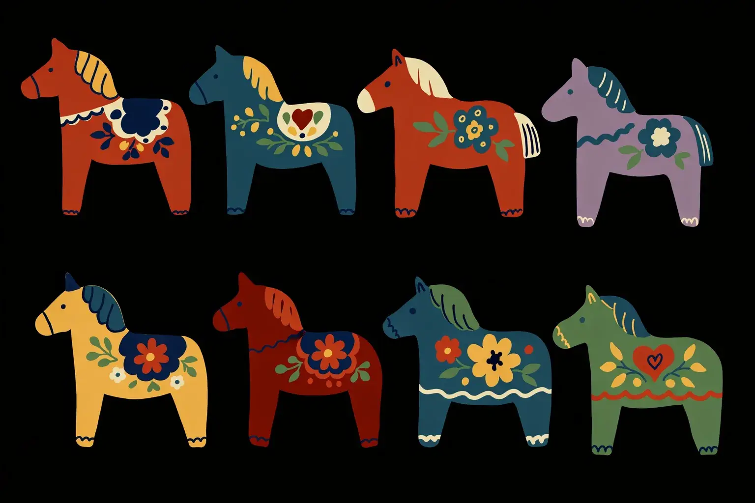 Illustrated row of colorful Swedish Dalecarlian horses on a dark background