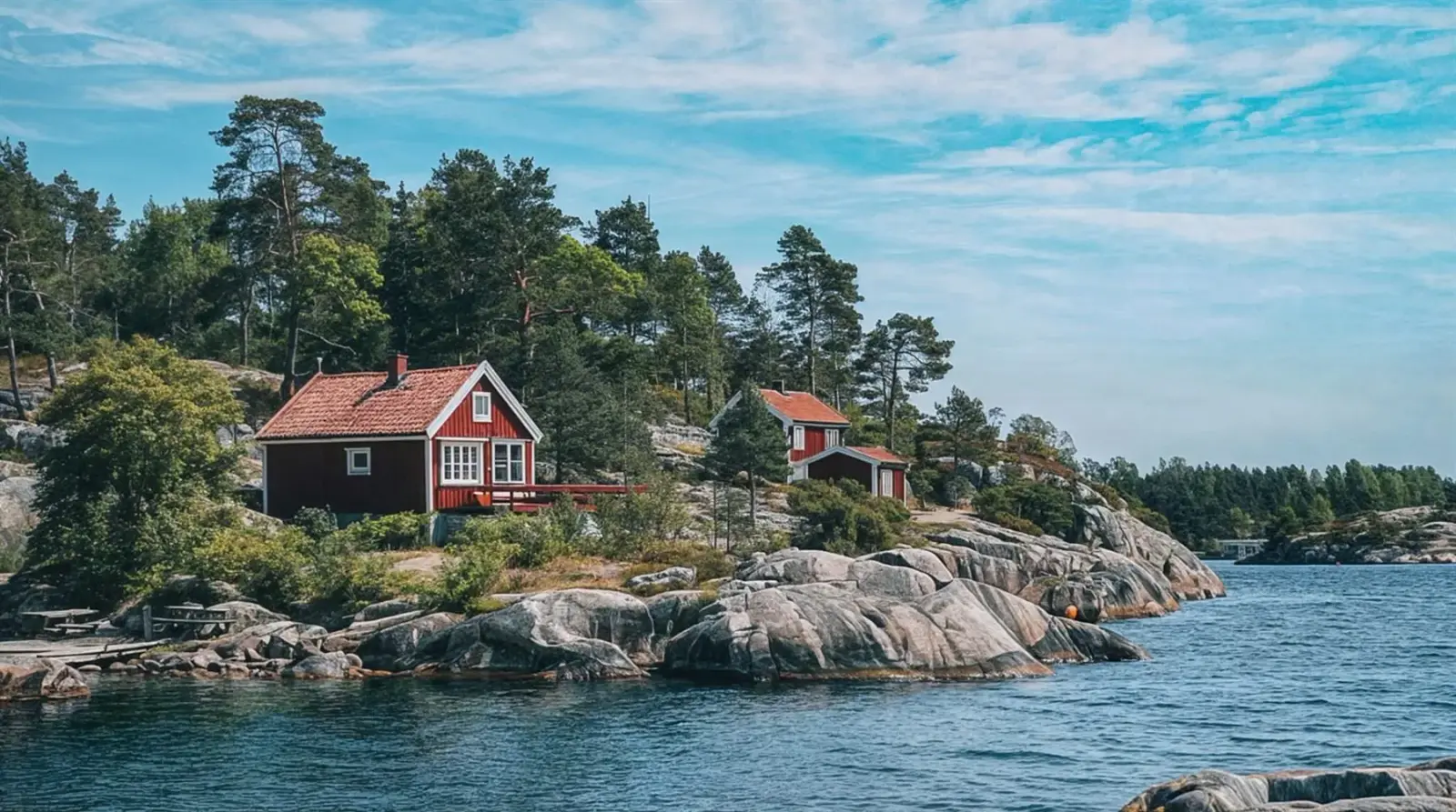 Red wooden cabins on a rocky island in the Stockholm archipelago