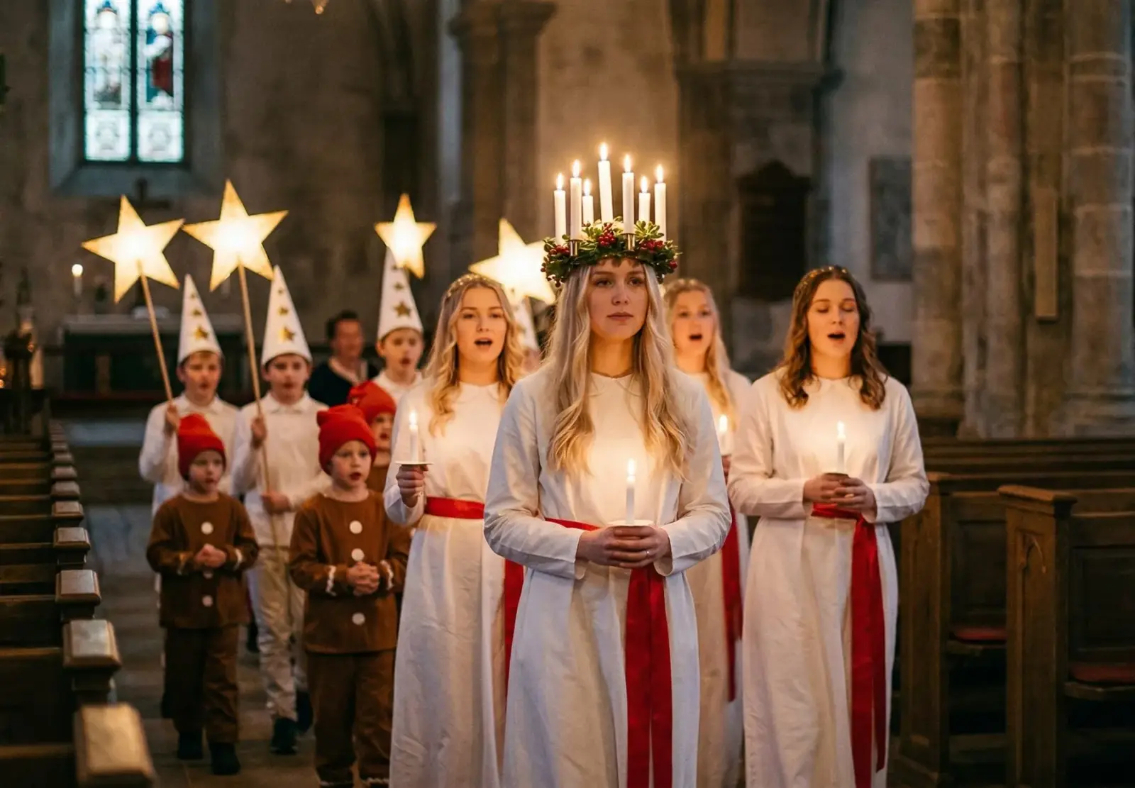 St. Lucia procession with candle crowns and singers inside a church