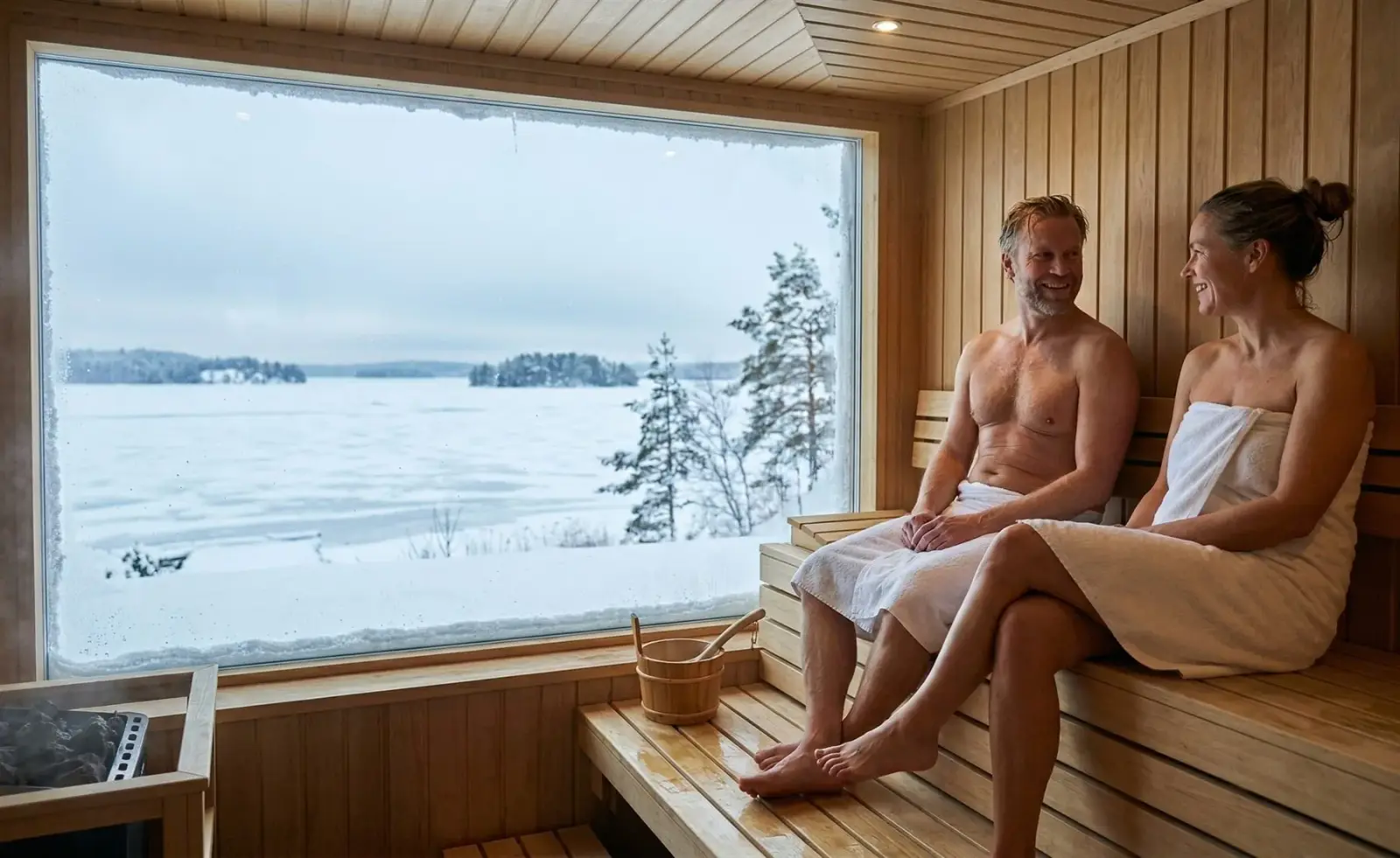 Couple sitting in a sauna beside a frozen winter landscape