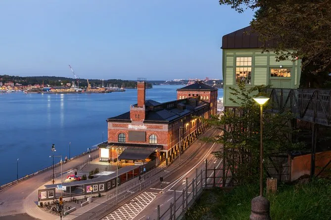 Fotografiska museum viewed from above along Stockholm's waterfront at dusk