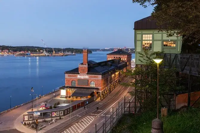 Fotografiska museum viewed from above along Stockholm's waterfront at dusk