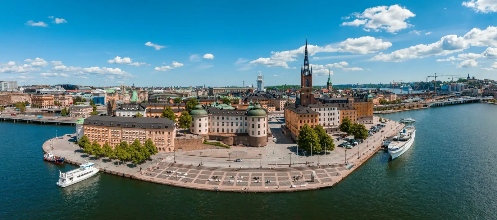Aerial view across Riddarholmen and central Stockholm on a bright summer day