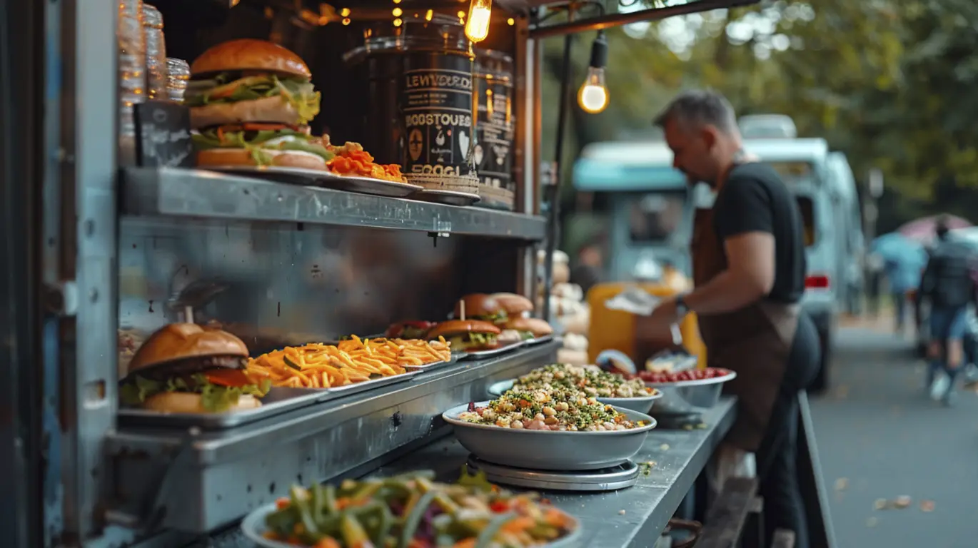 Food truck counter with burgers, fries, and salads at Hornstulls Marknad