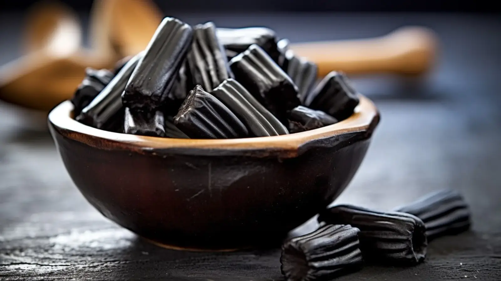 Bowl of black licorice pieces on a dark tabletop