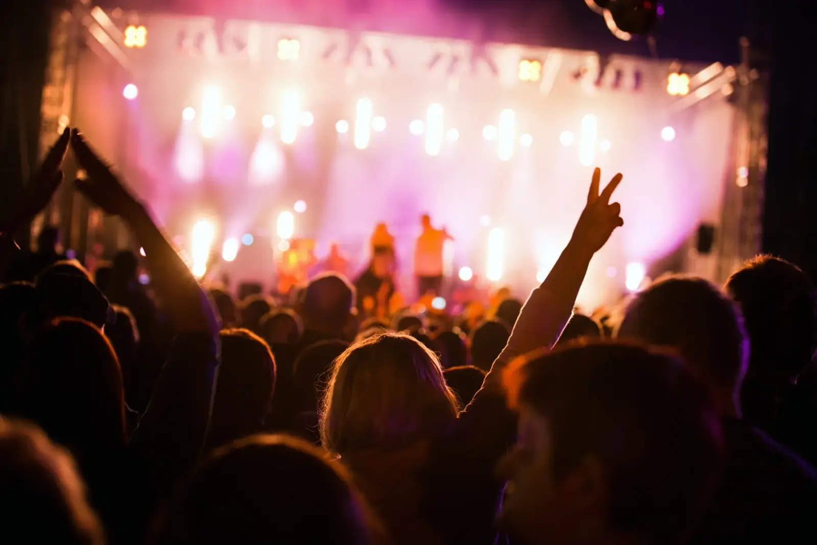 Crowd facing a brightly lit concert stage during a live music event