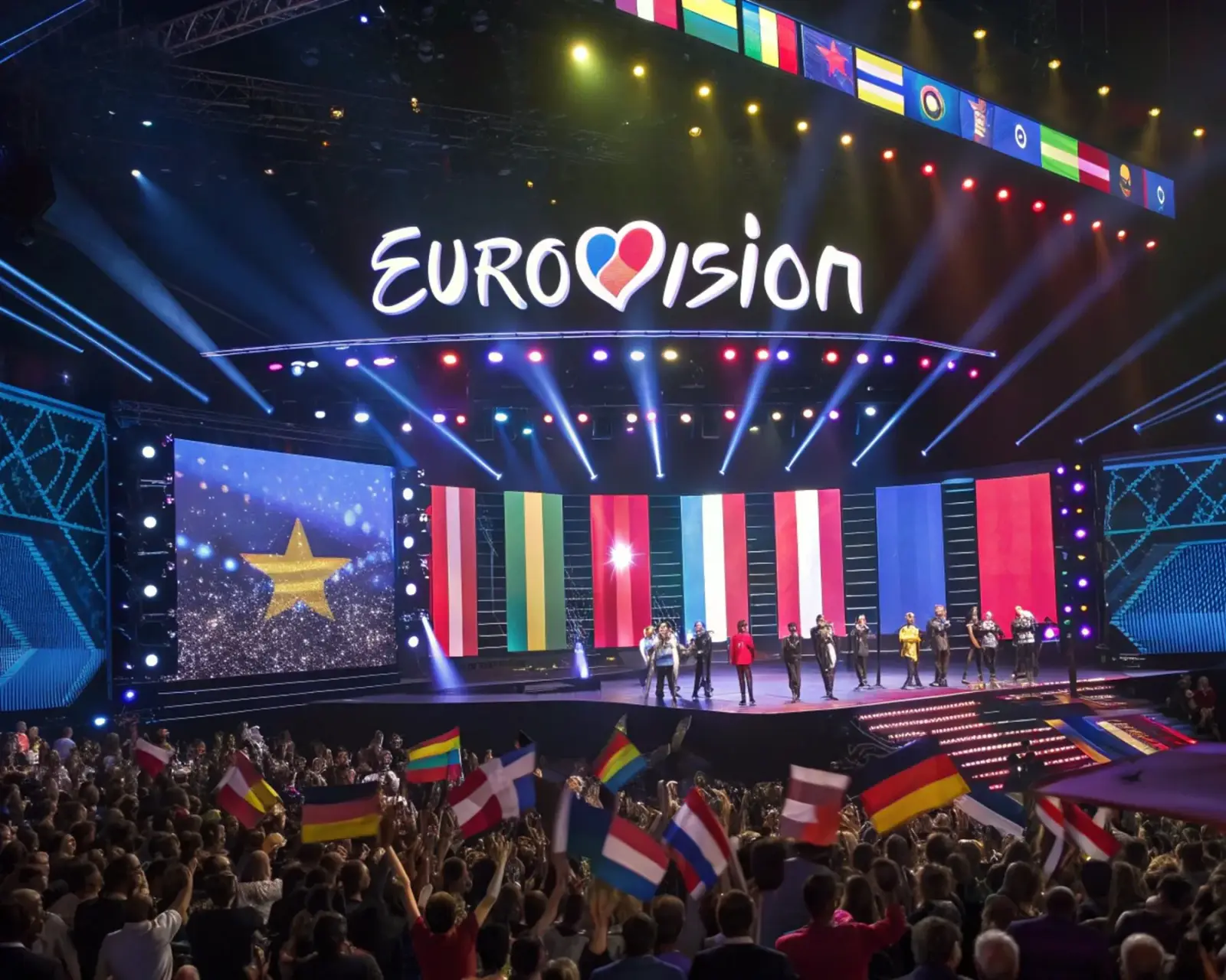 Eurovision stage with performers, flags, and a live audience