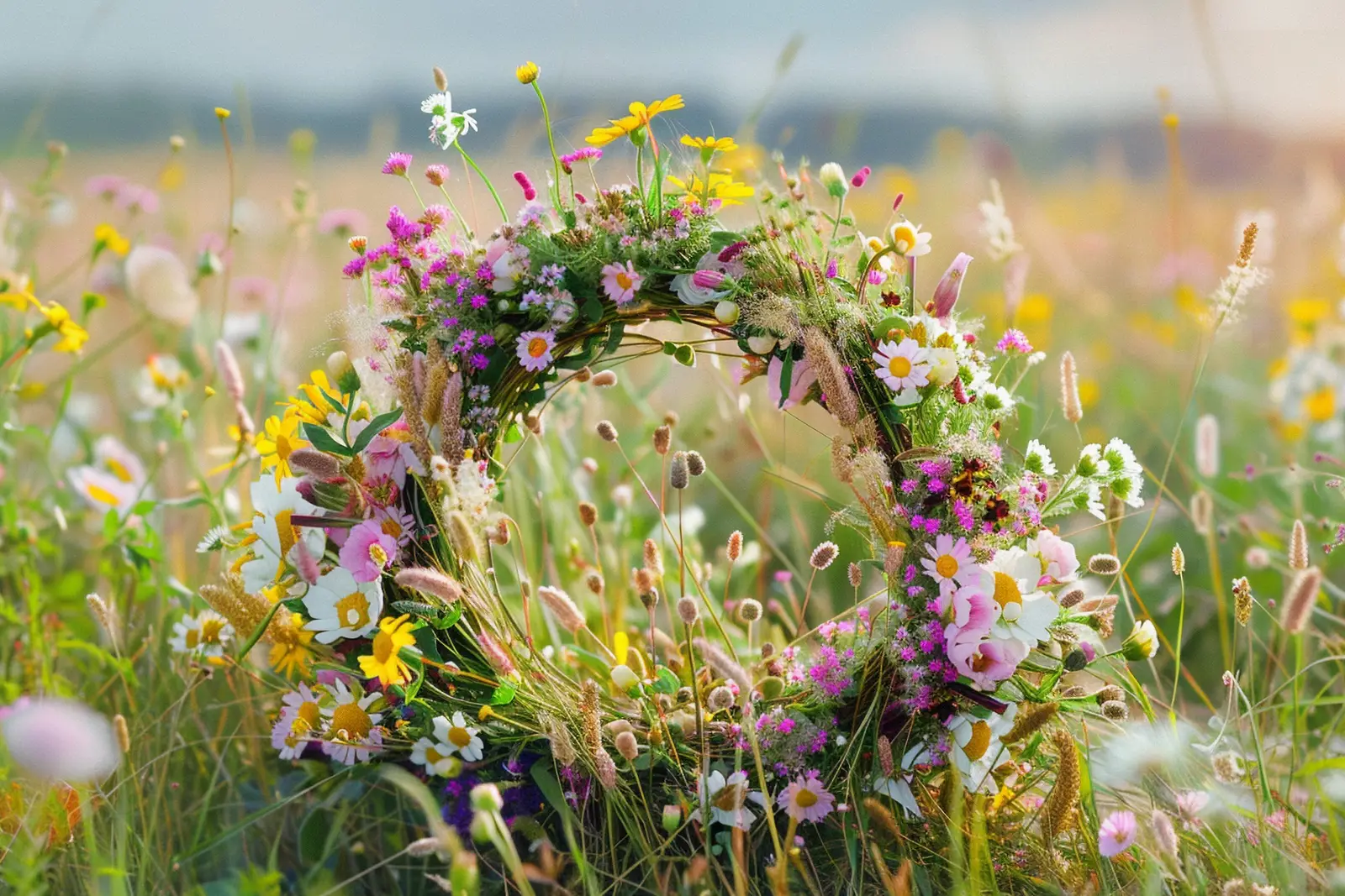 Flower crown made from wildflowers resting in a summer meadow