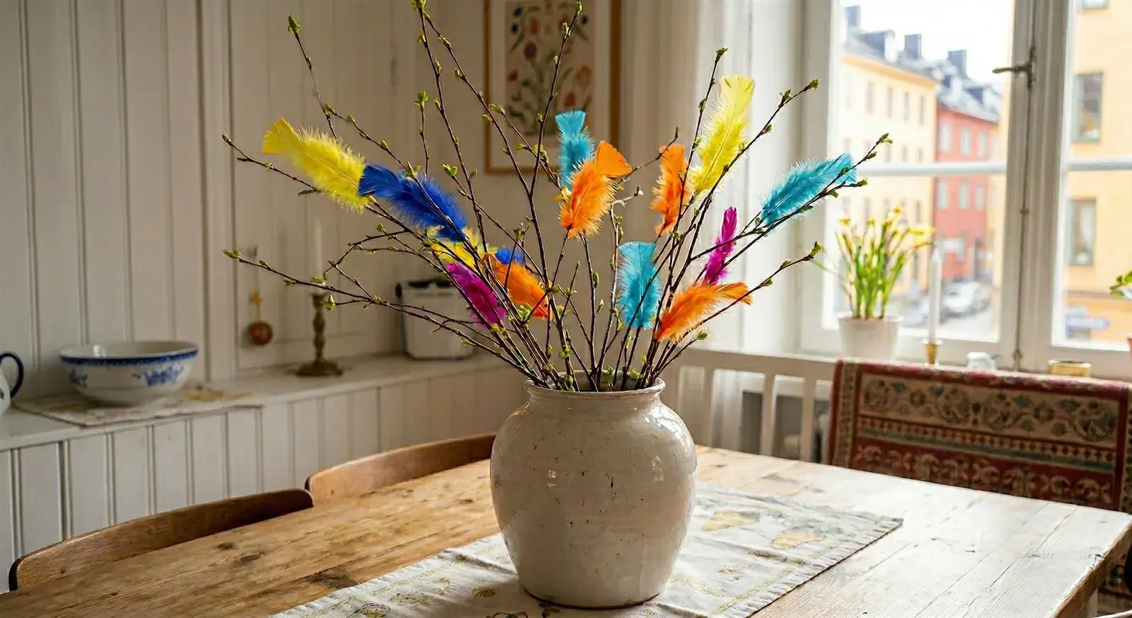 Colorful Easter feathers decorating birch twigs in a vase by a Stockholm window