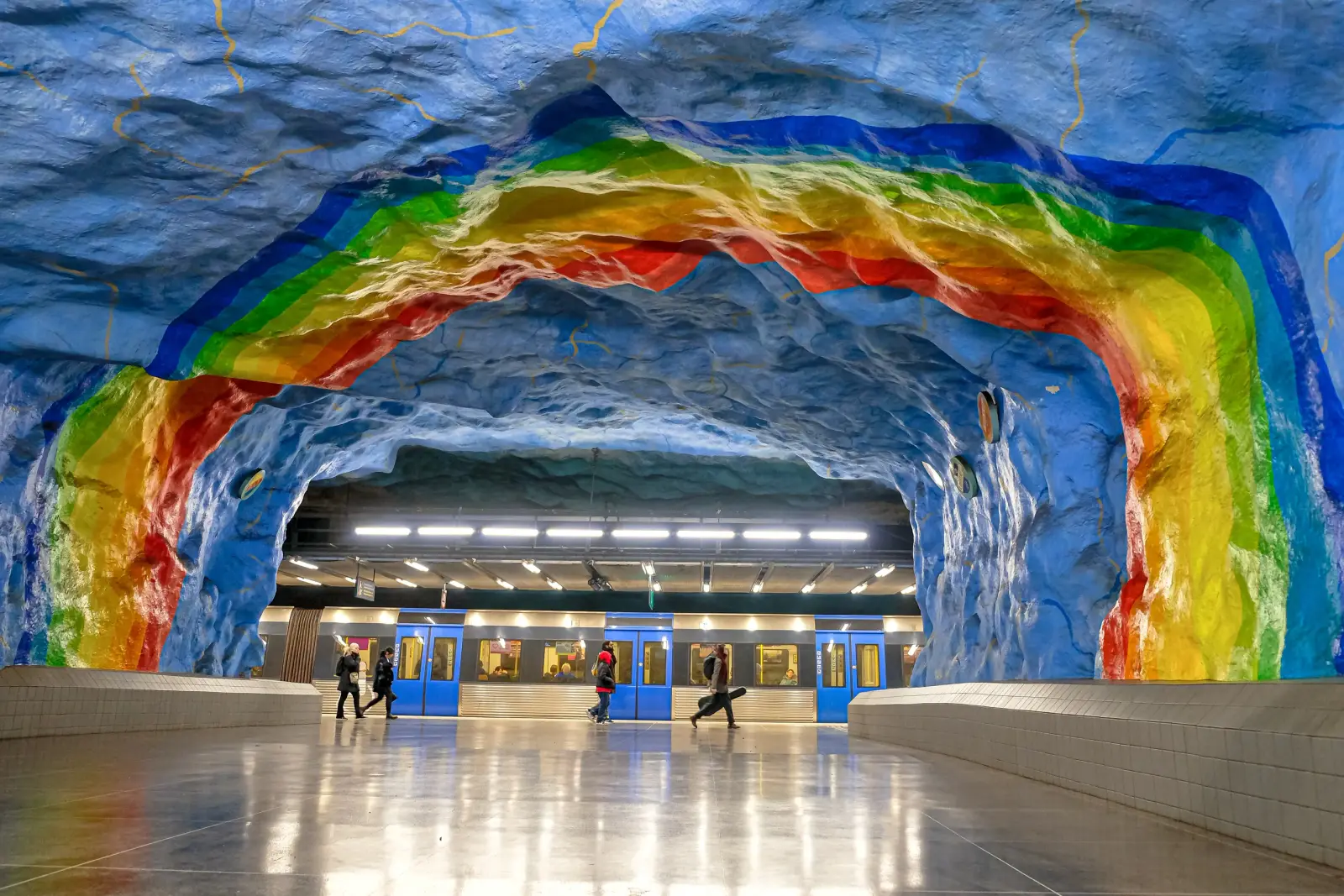 Rainbow-painted cave platform at Stockholm's Stadion metro station