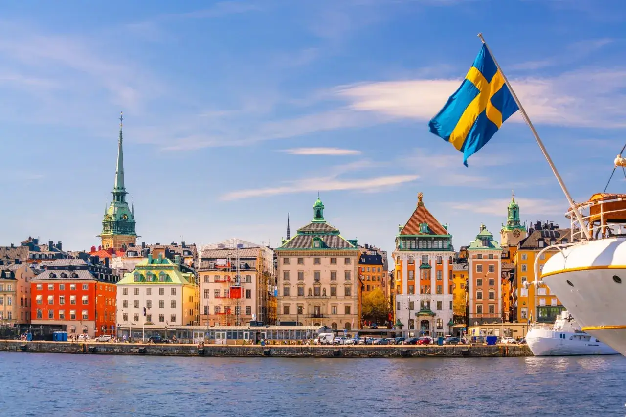 Stockholm waterfront with Swedish flag