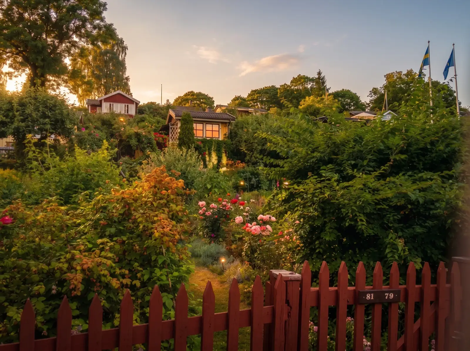 Garden allotments on a Södermalm hillside in the soft light of a Stockholm summer evening