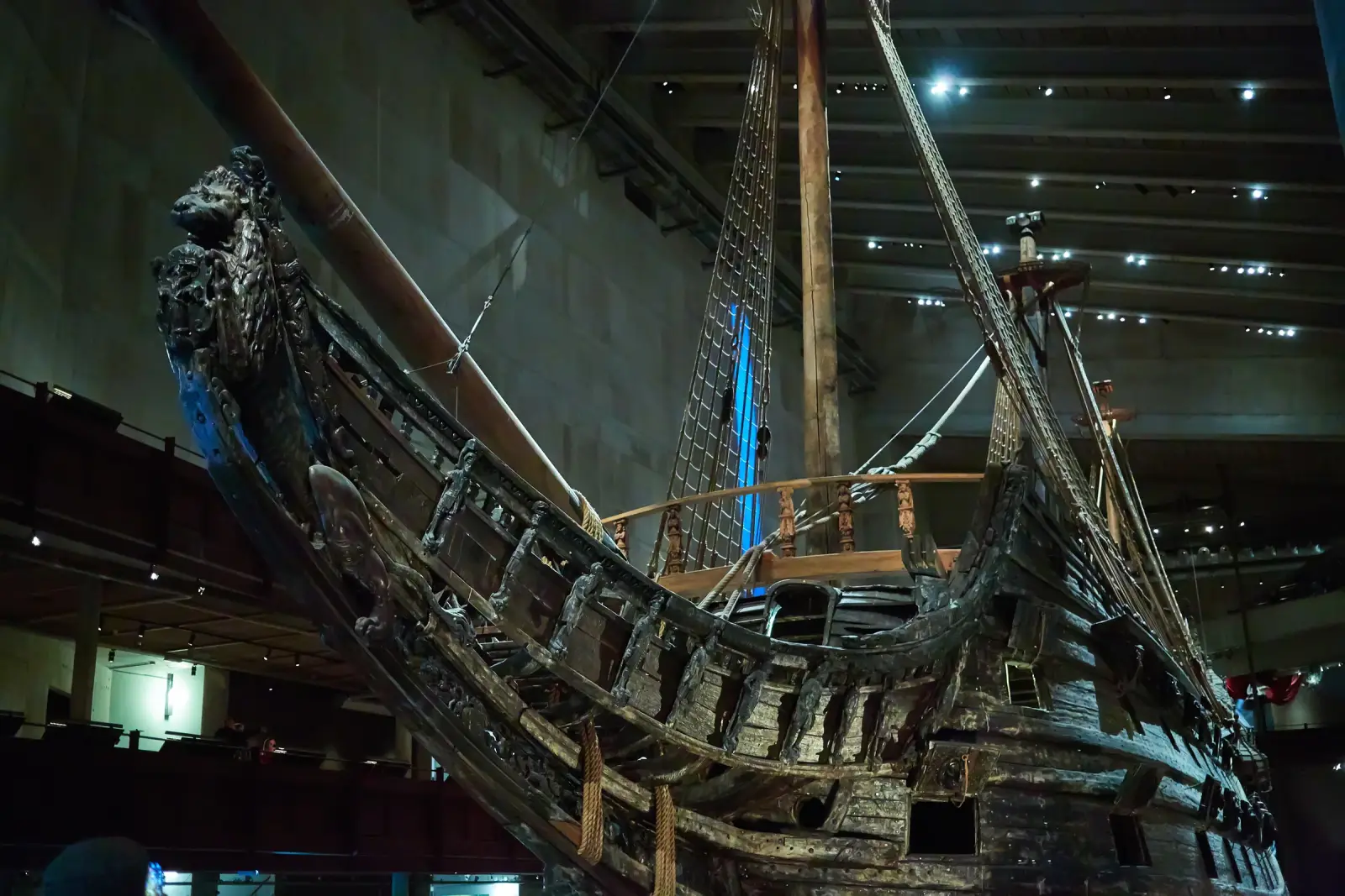 View of the Vasa warship from the bow inside the Vasa Museum in Stockholm