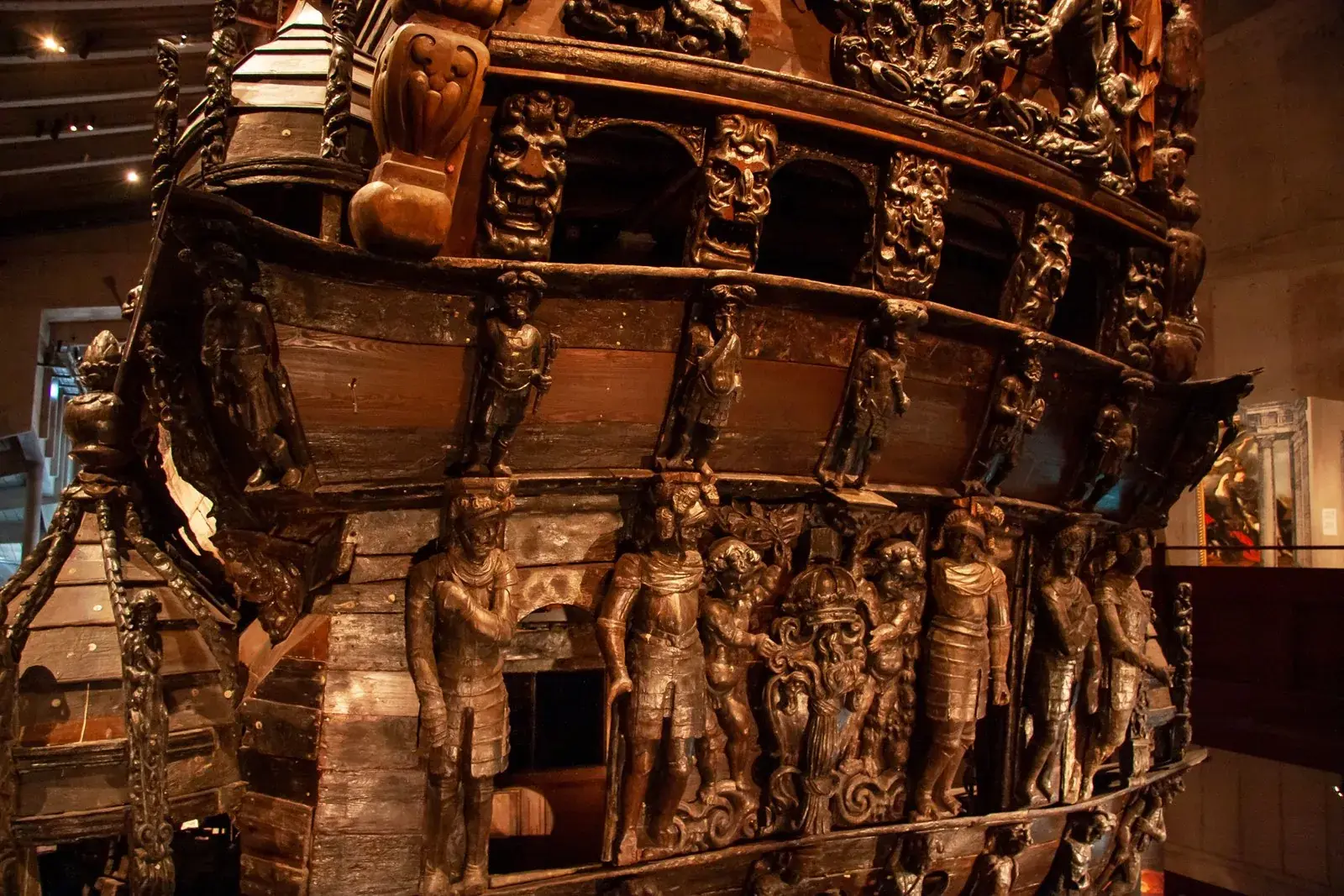 Decorated stern details of the Vasa ship inside the museum