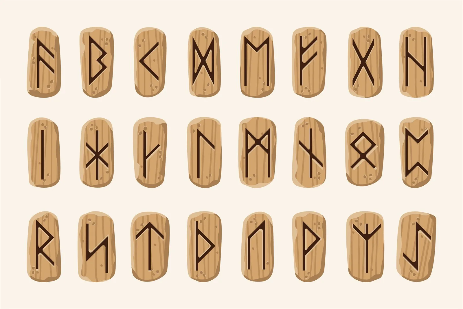 Runic alphabet symbols carved on wooden tablets