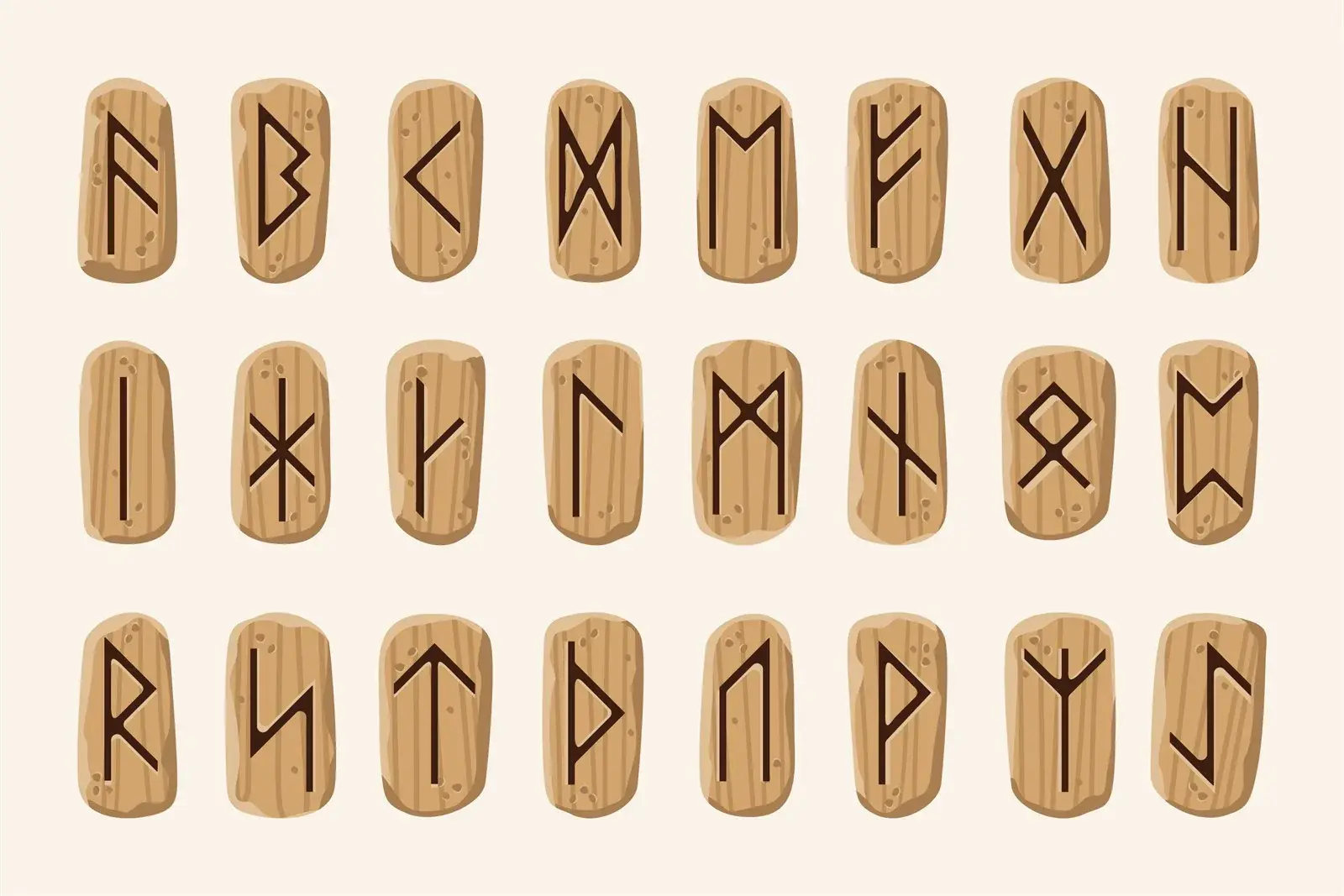 Runic alphabet symbols carved on wooden tablets